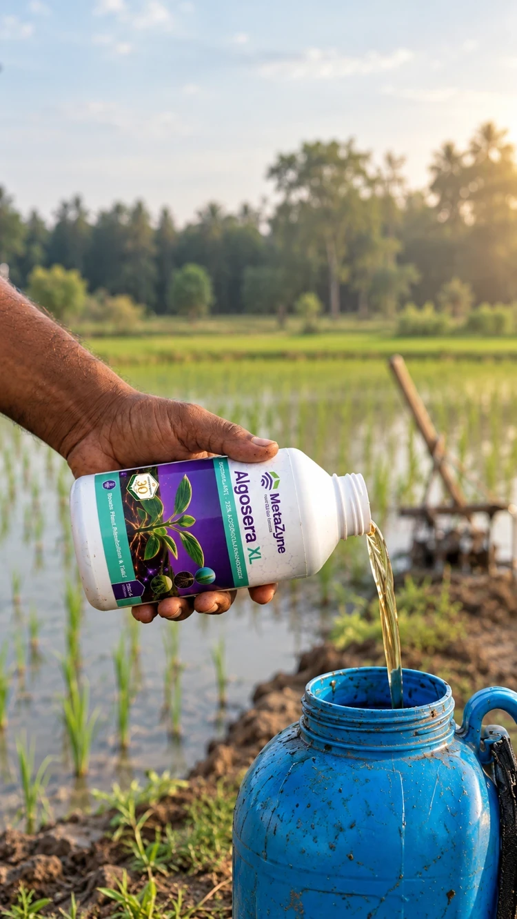 Algosera XL bottle standing in a sunlit vegetable field, sun flare in the background