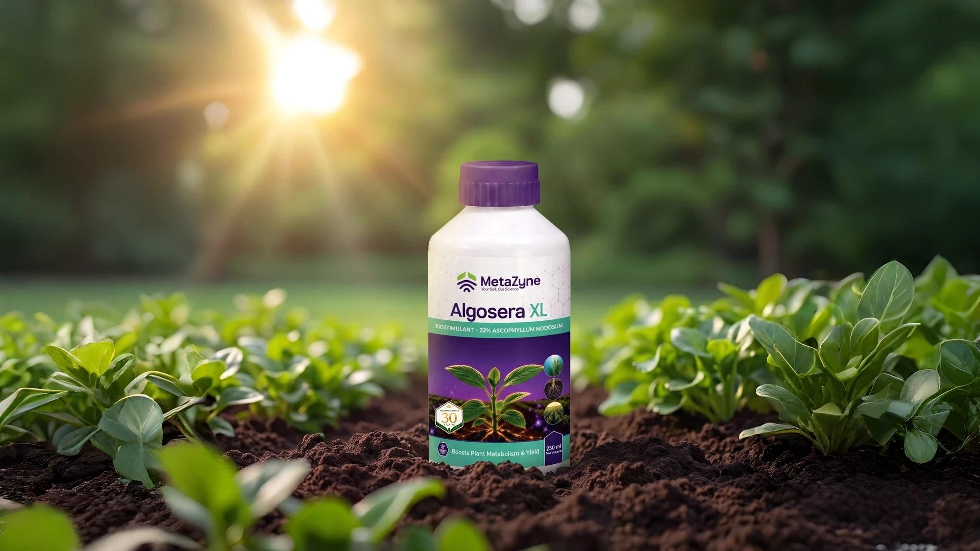 Algosera XL bottle standing in a sunlit vegetable field, sun flare in the background