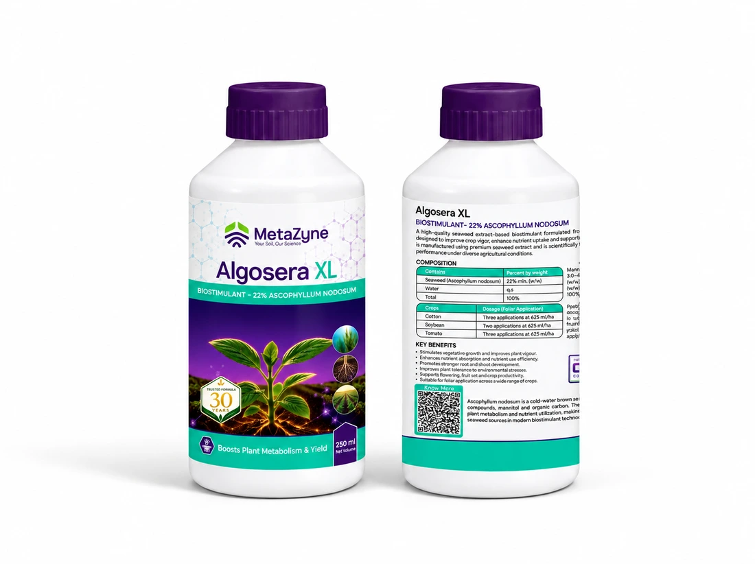 Algosera XL bottle, front and back label side by side on white