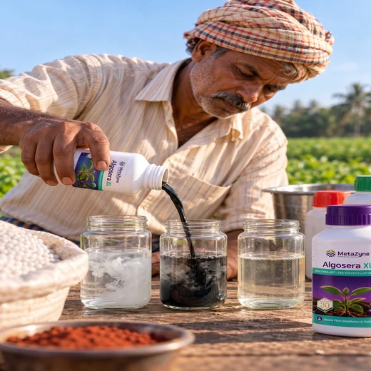 Farmer pouring Algosera XL into glass jars of water on a table to prepare test mixes