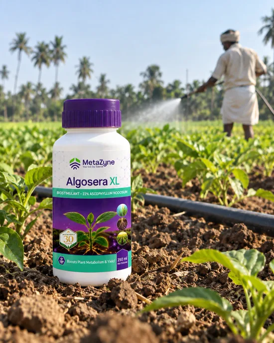 Algosera XL bottle standing in tilled soil beside a crop field as a farmer sprays in the background
