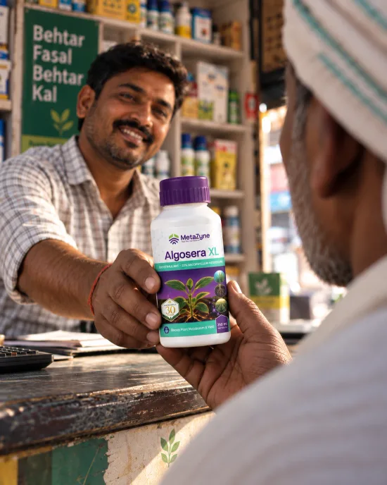 A shopkeeper handing a bottle of Algosera XL across the counter to a farmer