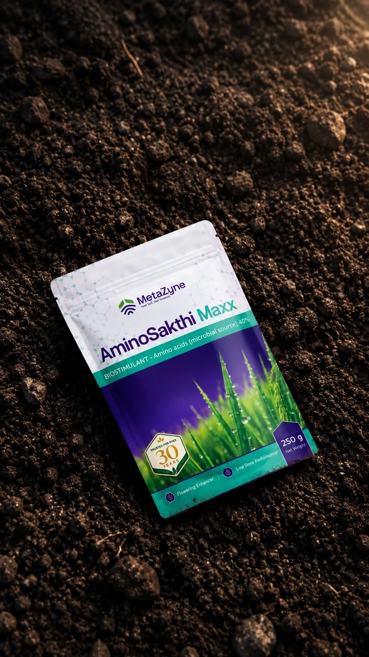 AminoSakthi Maxx pouch lying on dark soil