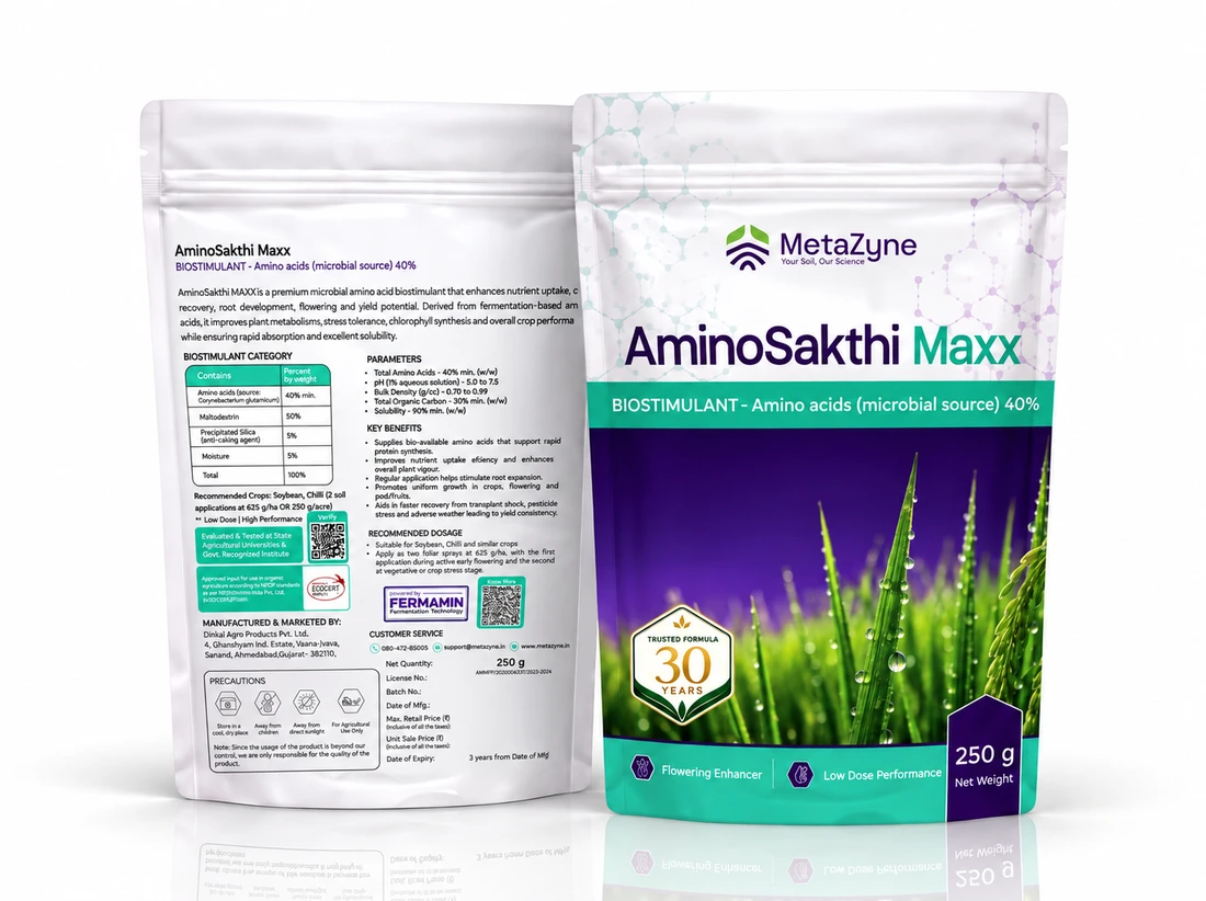 AminoSakthi Maxx pouch, back and front label side by side on white