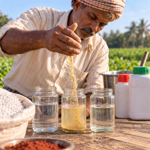 Farmer broadcasting granular fertilizer by hand at the base of a flowering cotton plant