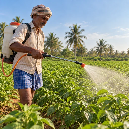 Farmer broadcasting granular fertilizer by hand across a row of cotton plants