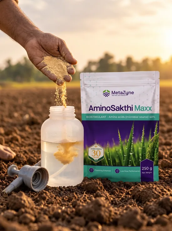 Farmer hand-sowing seed beside an AminoSakthi Maxx pouch standing in the field at sunrise
