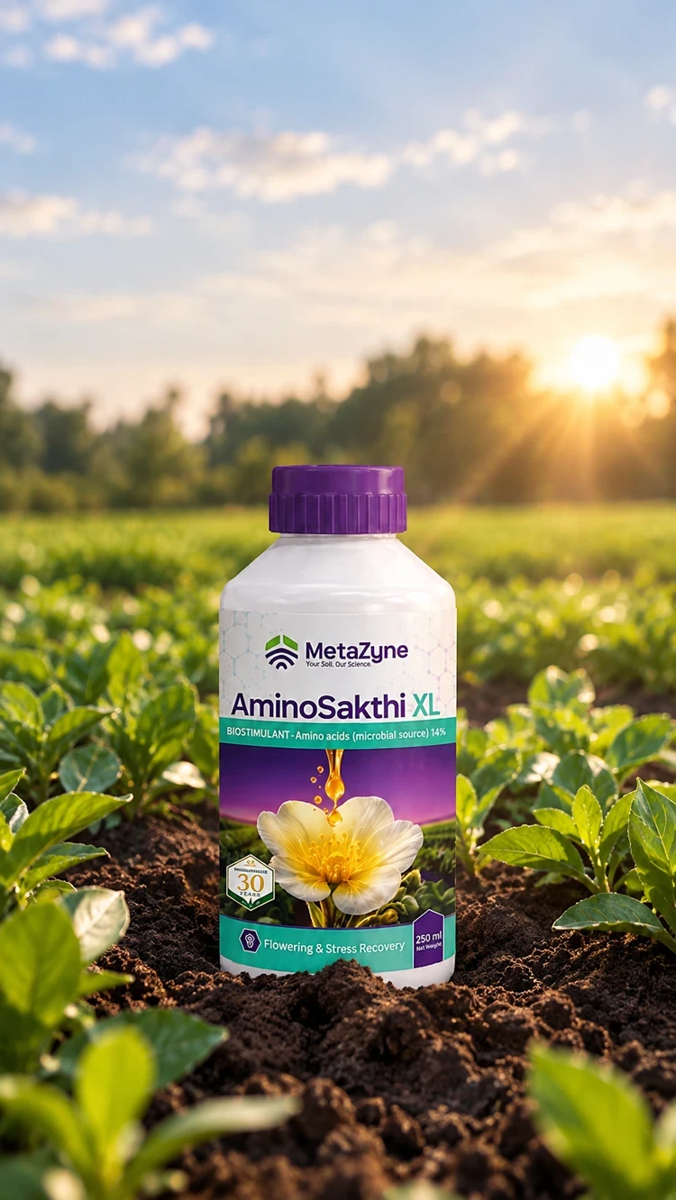 AminoSakthi XL bottle standing in a sunlit vegetable field