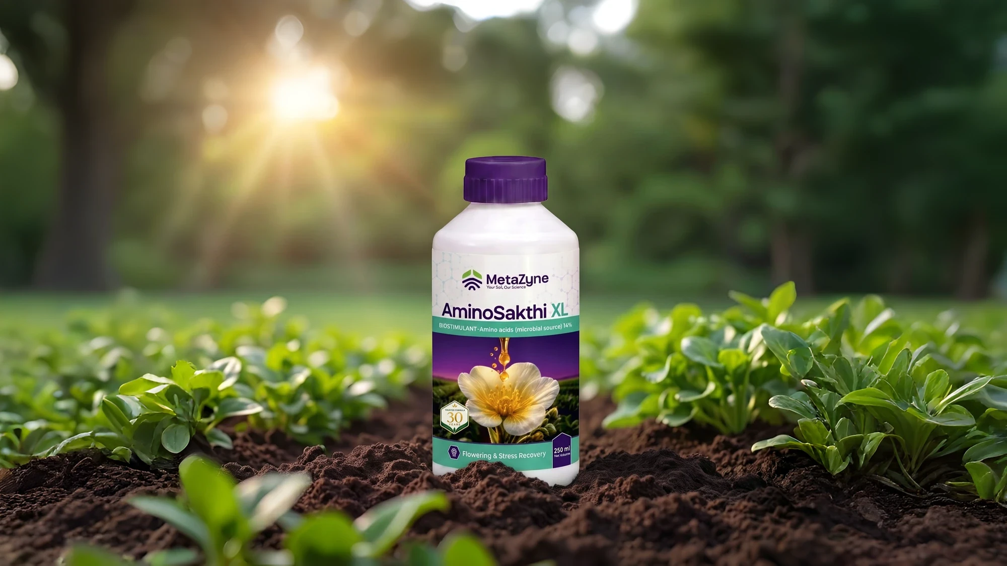 AminoSakthi XL bottle standing in a sunlit vegetable field