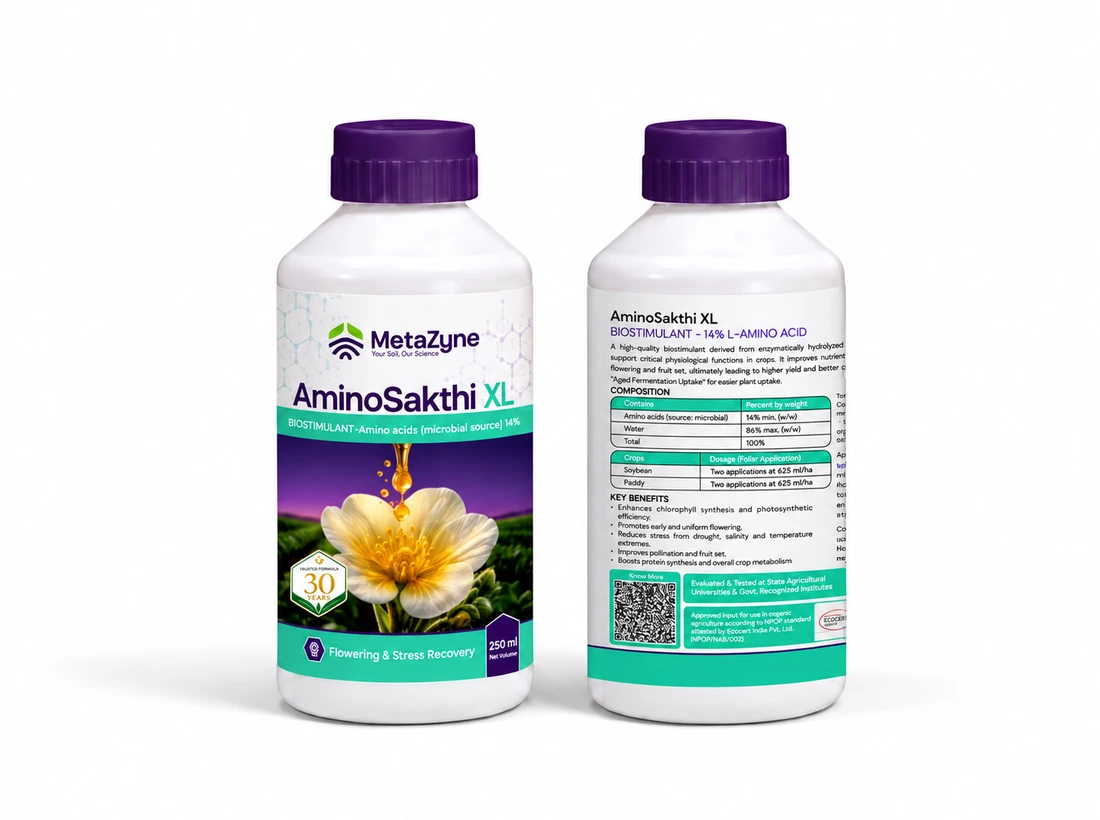 AminoSakthi XL bottle, front and back label side by side on white