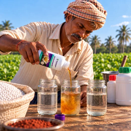 Farmer pouring AminoSakthi XL into glass jars of water on a table to prepare test mixes