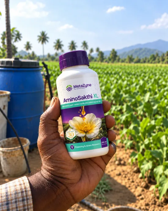 Farmer holding an AminoSakthi XL bottle in front of a coconut-palm-lined field with a blue drum and drip line