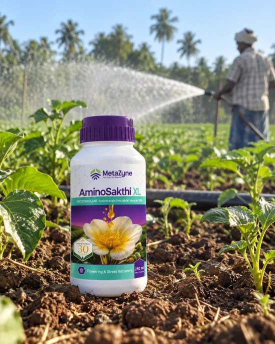 AminoSakthi XL bottle standing in a field row while a farmer sprinkler-irrigates in the background