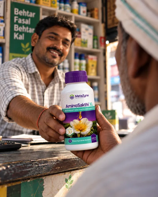 A shopkeeper handing a bottle of AminoSakthi XL across the counter to a farmer