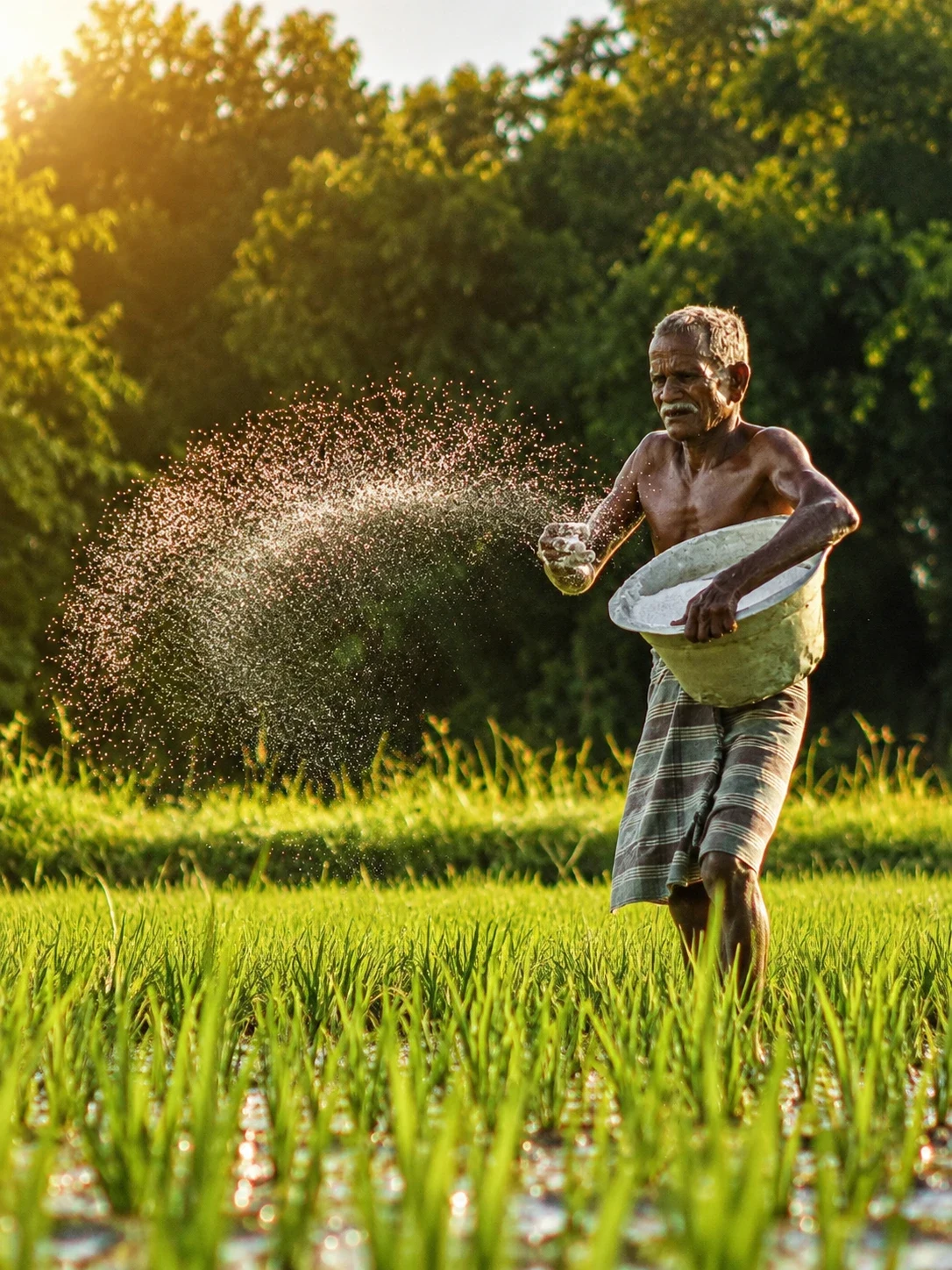 A farmer sowing seed by hand in a flooded rice paddy at sunset