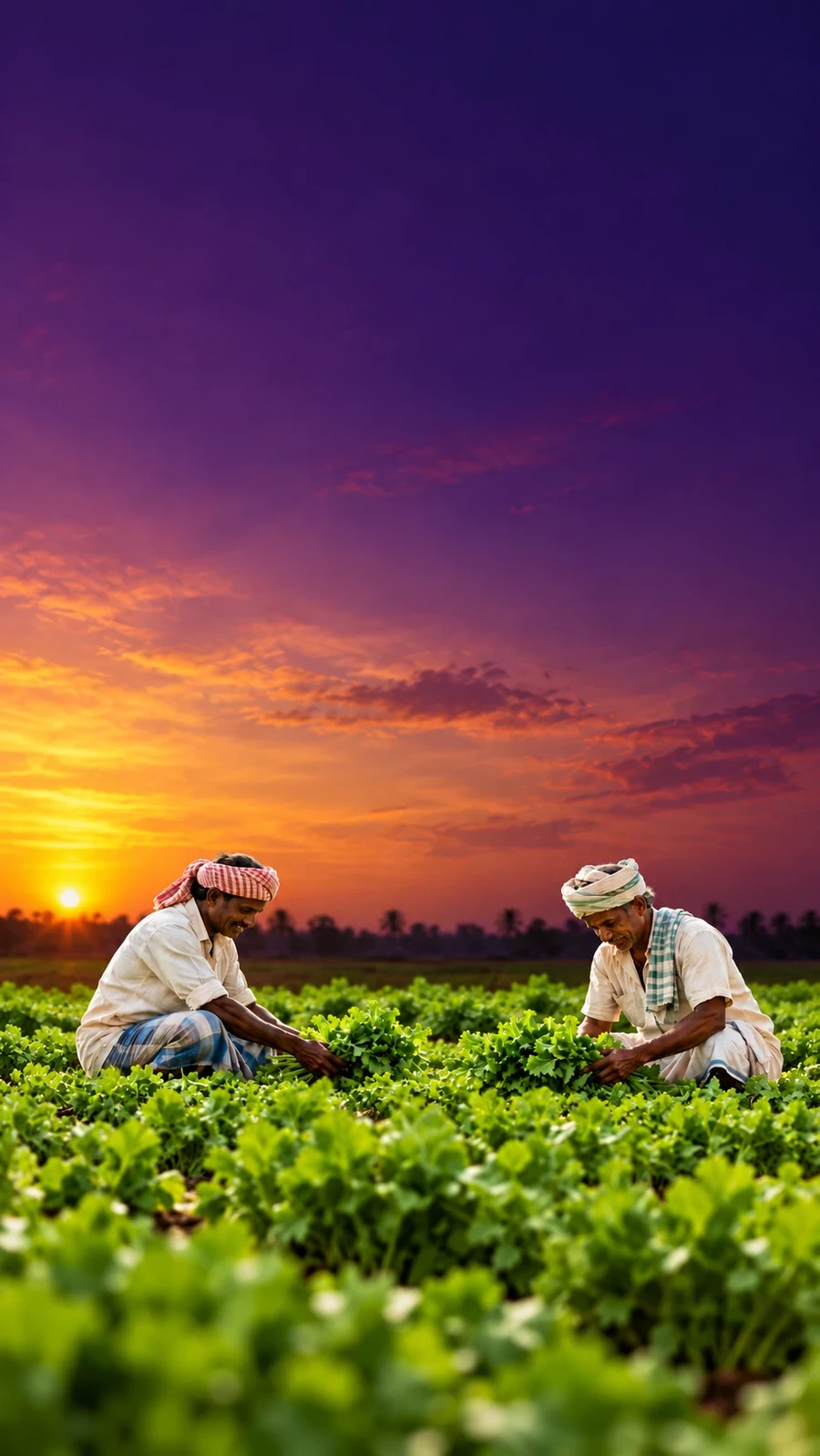 Two farmers harvesting leafy greens at sunset