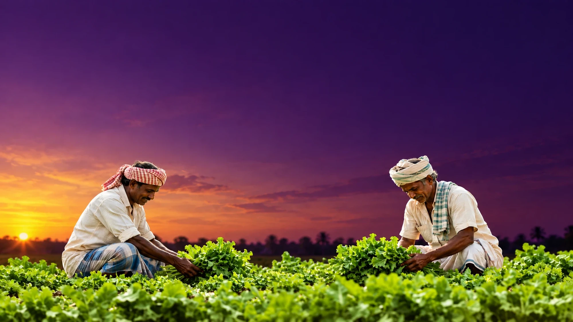 Two farmers harvesting leafy greens at sunset