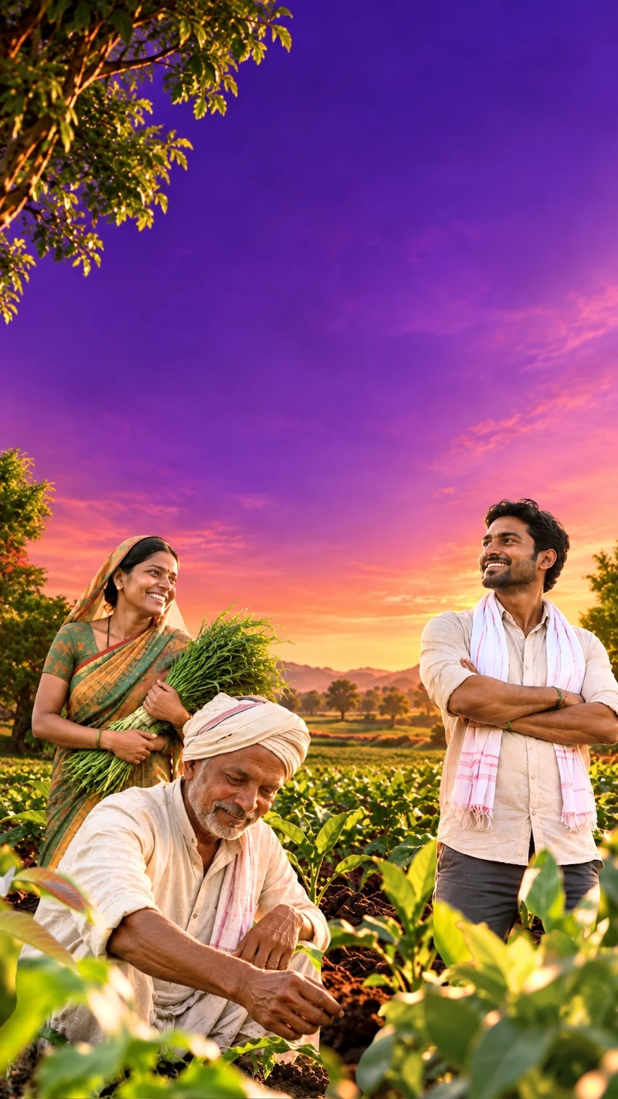 Farmers in the field at golden hour, purple sunset sky