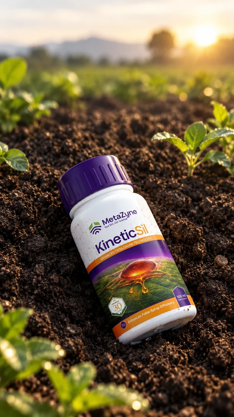KineticSil bottle standing in a sunlit vegetable field, sun flare in the background