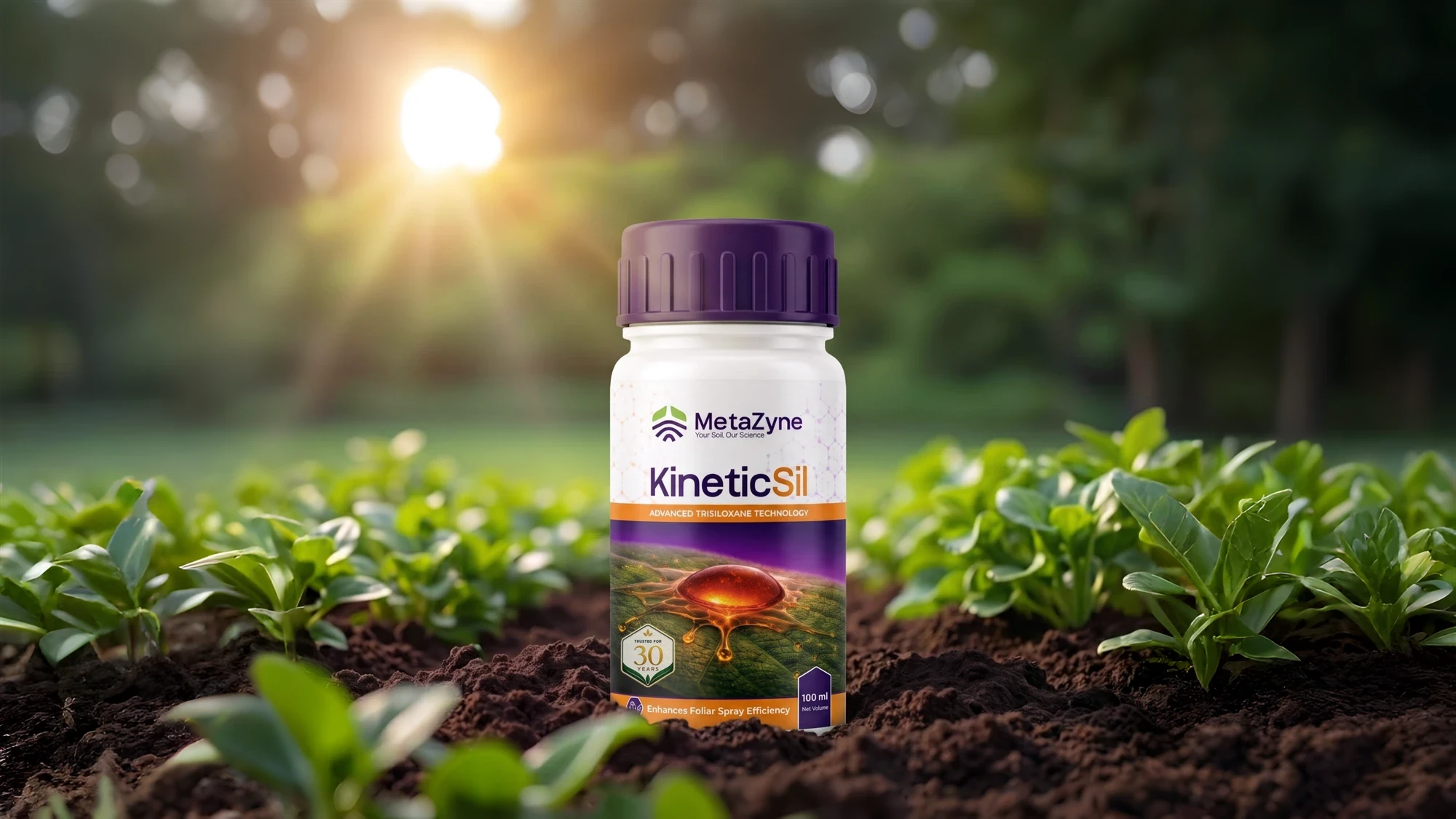 KineticSil bottle standing in a sunlit vegetable field, sun flare in the background