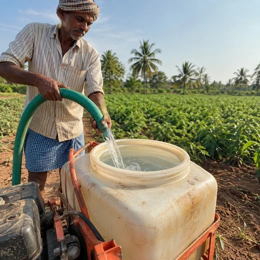 Farmer filling a knapsack sprayer tank with water via a green hose