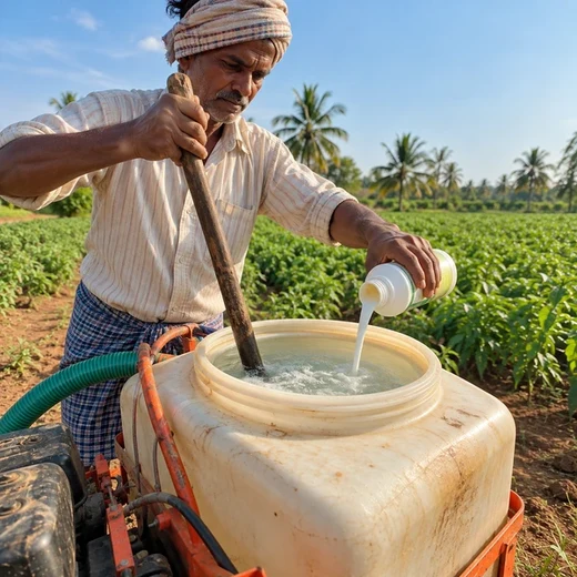 Farmer stirring the tank with a wooden paddle while pouring in agrochemical