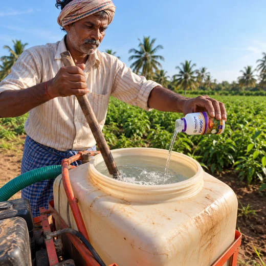 Farmer pouring KineticSil into the sprayer tank while stirring with a wooden paddle