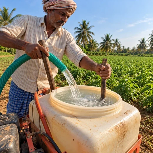 Farmer topping up the sprayer tank with water from a green hose while stirring