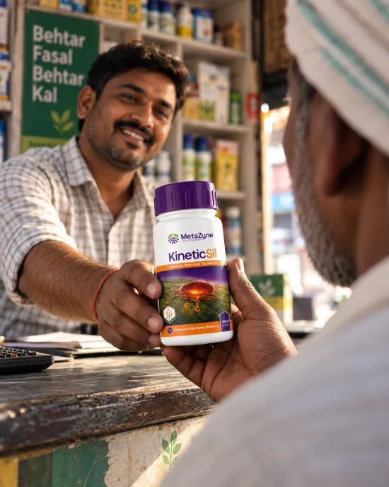 A shopkeeper handing a bottle of KineticSil across the counter to a farmer