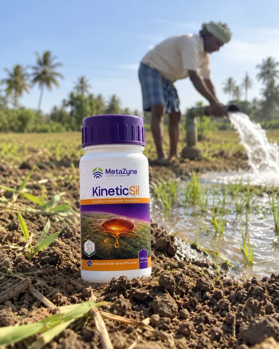 KineticSil bottle standing in a flooded paddy field while a farmer draws irrigation water in the background