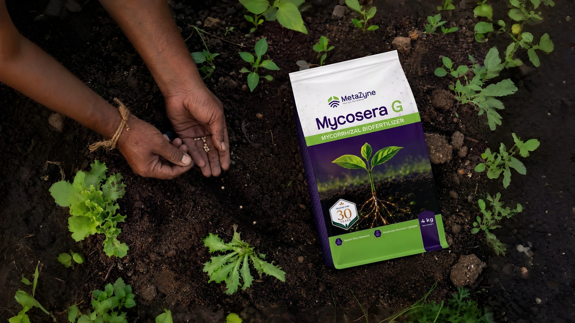Farmer sowing seeds by hand beside a Mycosera G pack in a vegetable bed