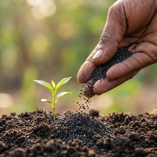 Farmer pouring liquid from a bucket around the base of a young transplanted seedling
