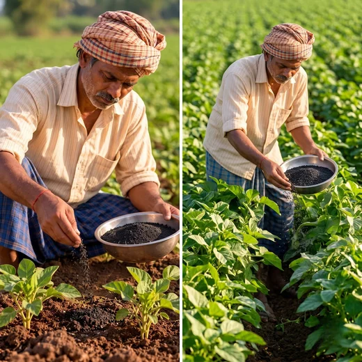 Two-panel shot of a farmer watering young transplants from a bucket in the field