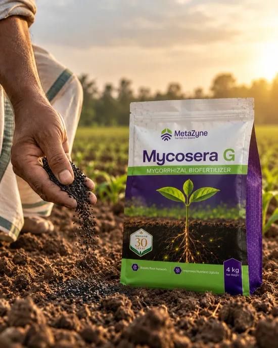 Farmer broadcasting seed by hand beside a Mycosera G bag in a freshly tilled field at sunrise