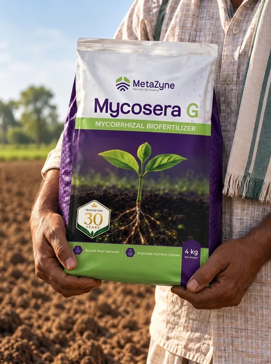 Farmer holding a Mycosera G bag while applying granules with his other hand in a tilled field