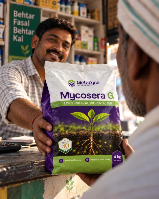 A shopkeeper handing a bag of Mycosera G across the counter to a farmer