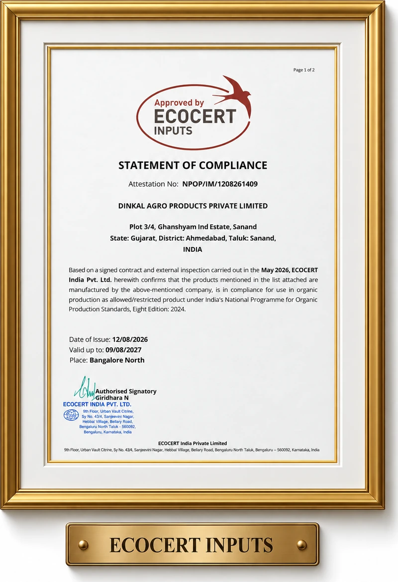 ECOCERT Inputs statement of compliance issued to Dinkal Agro Products Pvt. Ltd., in a gold frame with an ECOCERT INPUTS nameplate