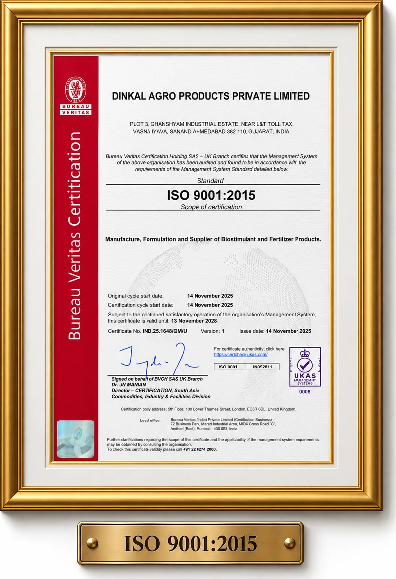 Bureau Veritas ISO 9001:2015 certificate issued to Dinkal Agro Products Pvt. Ltd., in a gold frame with an ISO 9001:2015 nameplate