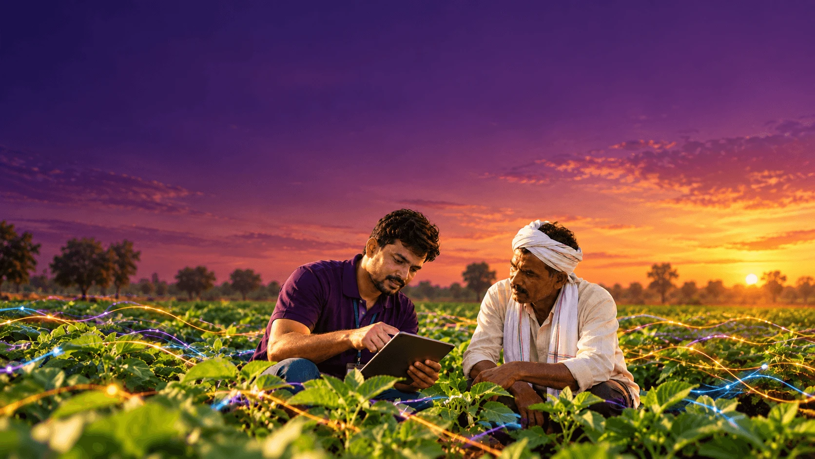 An agronomist showing a farmer data on a tablet, crouched in a green field at sunset