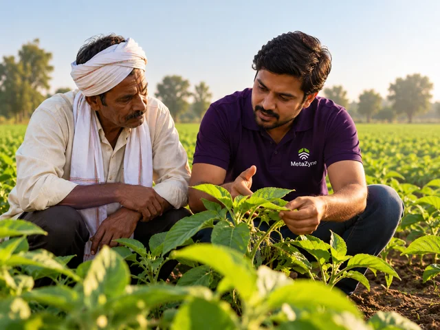 An agronomist and a farmer crouched together in a crop field