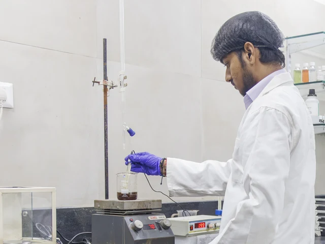 Lab scientist inspecting samples at a bench