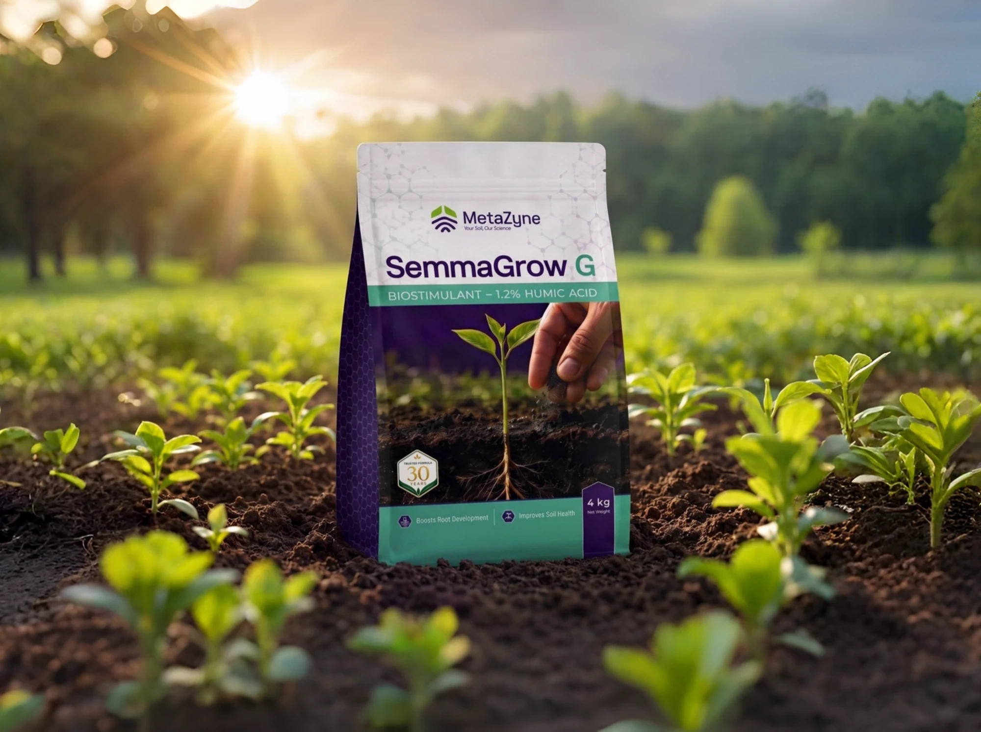 SemmaGrow G bag standing in soil between young crop rows, hand sprinkling granules