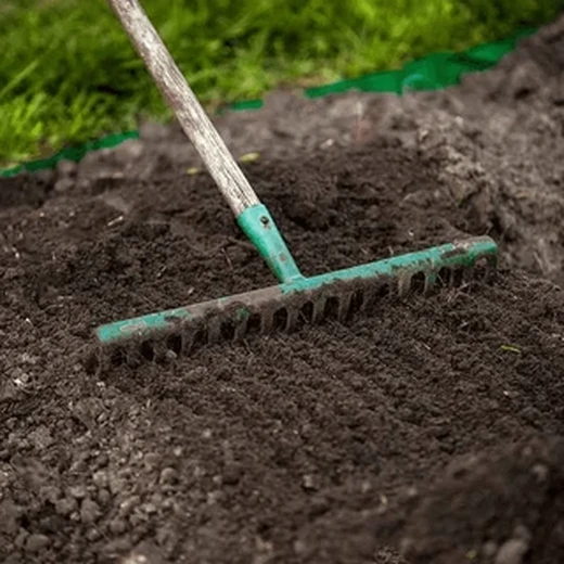 Raking soil during land preparation