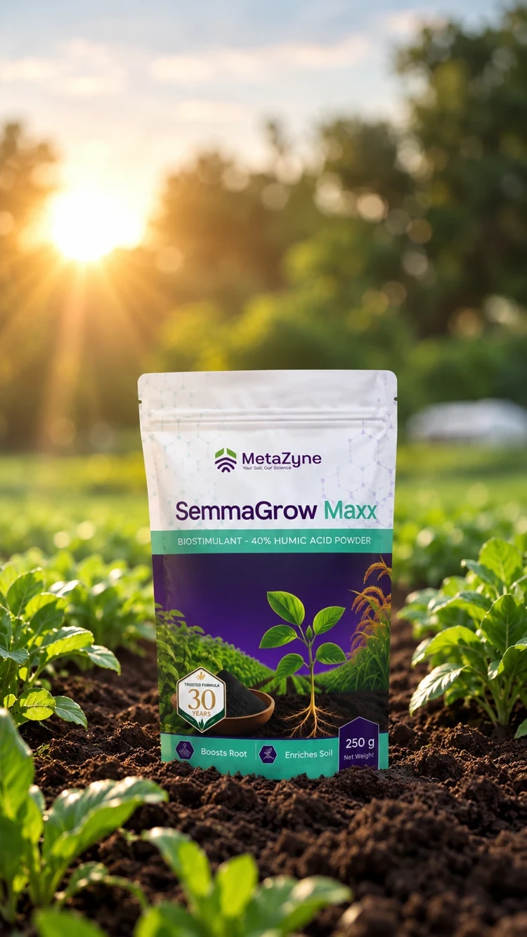 Farmer's hands cupping a young seedling beside a SemmaGrow Maxx pouch in a tilled vegetable bed