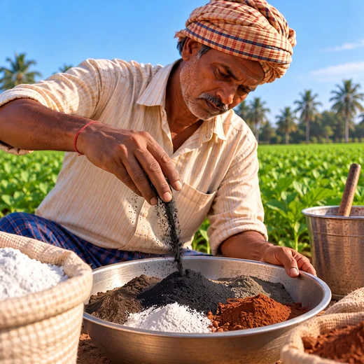 Farmer pouring mixed granular fertilizer from a metal plate into cupped hands