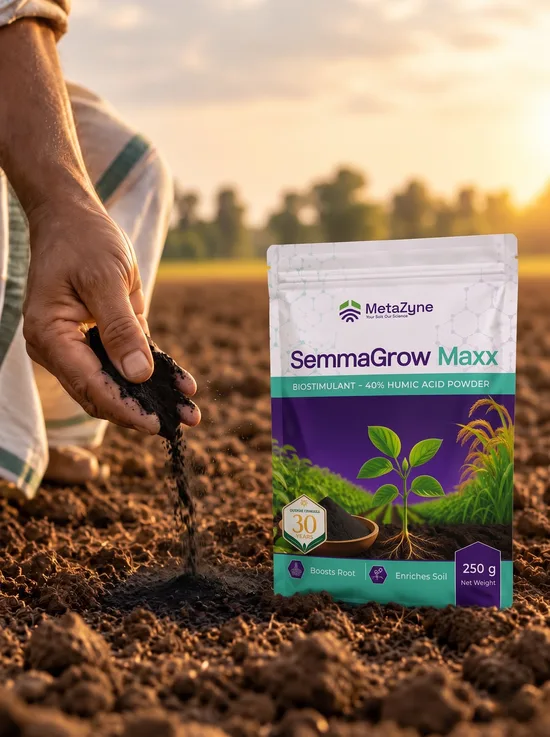 Farmer hand-sowing seed beside a SemmaGrow Maxx pouch standing in the field at sunrise