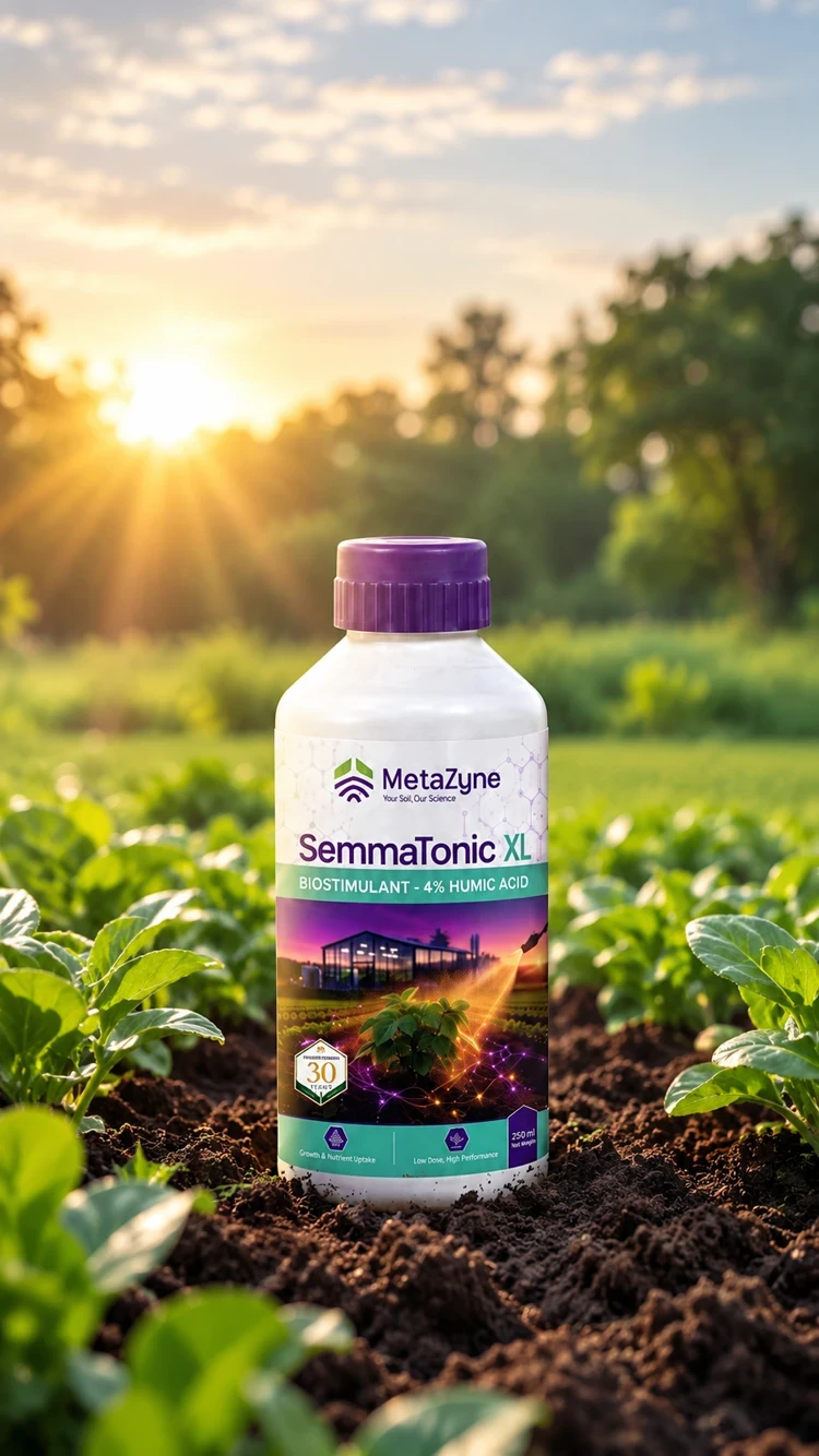 SemmaTonic XL bottle standing in a sunlit vegetable field