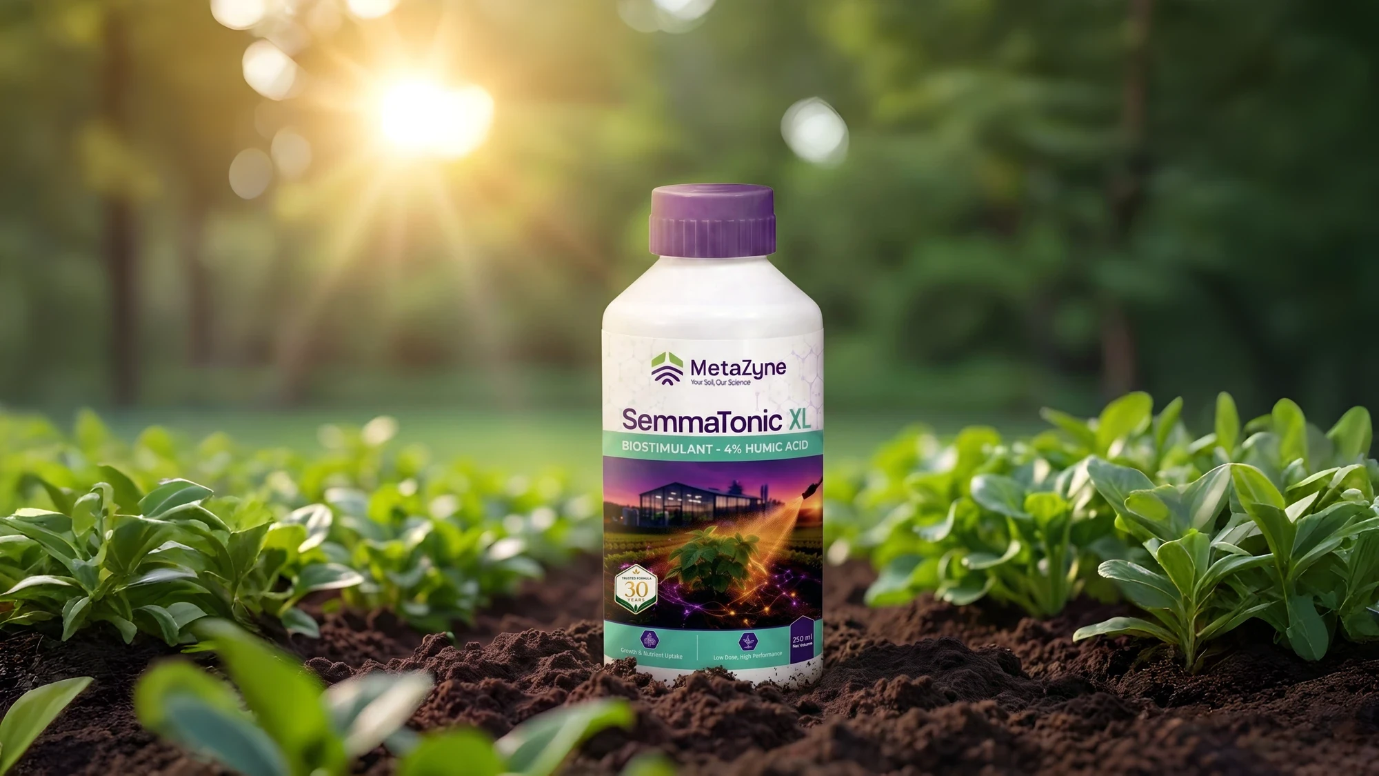 SemmaTonic XL bottle standing in a sunlit vegetable field