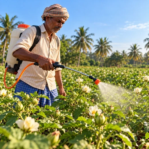 Farmer backpack-spraying flowering cotton plants