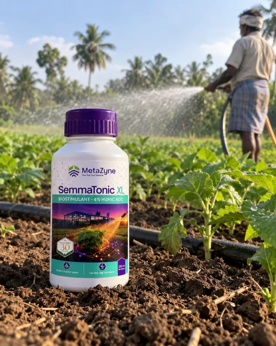 SemmaTonic XL bottle standing in a drip-irrigated field while a farmer sprinkler-waters in the background